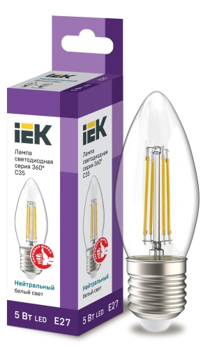 Лампа светодиодная C35 свеча прозрачная 5Вт 230В 4000К E27 серия 360° | код LLF-C35-5-230-40-E27-CL | IEK